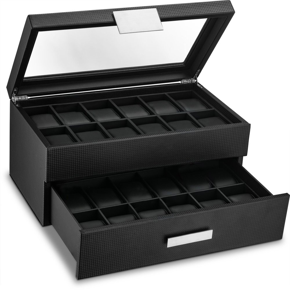 Glenor Co Watch Box for Men - 24 Slot Luxury Display Case Organizer, Carbon Fiber Design -Metal Buckle for Mens Jewelry Watches, Men's Storage Holder w Large Glass Top, Drawer & Leather Pillows- Black