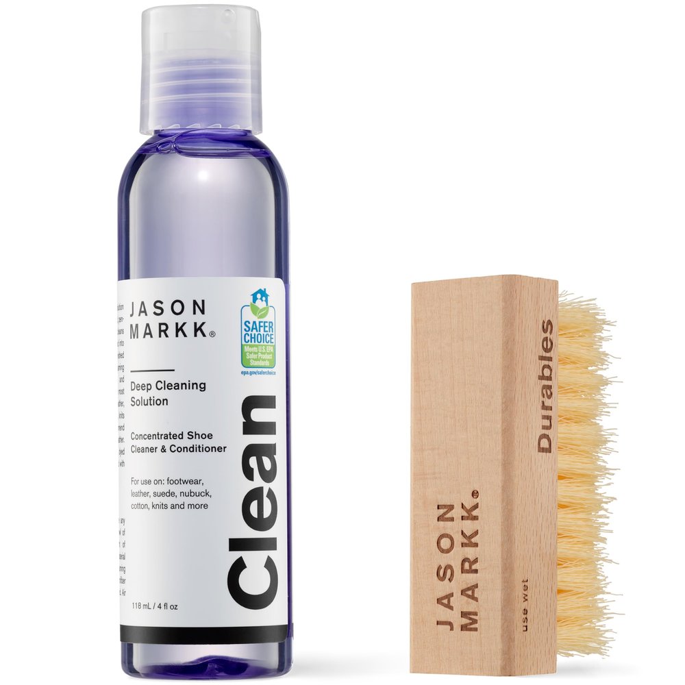 Jason Markk Essential Kit, Shoe Cleaner, 2-Piece Set, Deep Cleaning Solution & Durables Brush, Sneaker Care, Ideal for Footwear, Safe for Midsoles, Full-Grain Leather, Rubber, Plastic, and More, 4oz