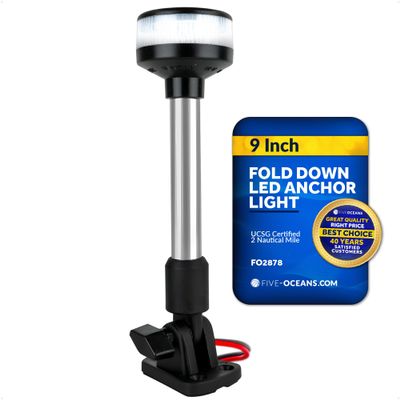 Five Oceans 9-Inch LED Anchor Light for Boats, USCG 2NM Certified, Fold-Down Design, Clear Lens, 12V DC, Suitable for Pontoons & Fishing Boats - FO2878
