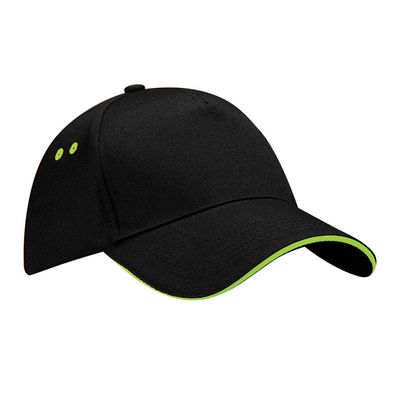 Beechfield Unisex Ultimate 5 Panel Contrast Baseball Cap With Sandwich Peak / Headwear (One Size) (Black/Lime Green)