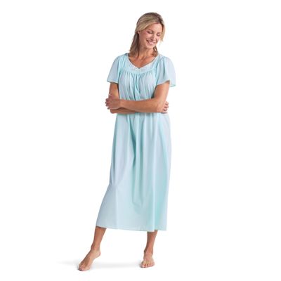 Miss Elaine Tricot Nightgown, Long Sleep Dress With Comfortable Lightweight Fabric, Flutter Sleeves (XL, Sea Foam)