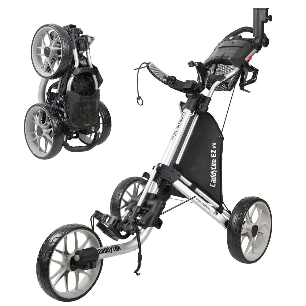 Caddytek CaddyLite EZ V8 Golf Push Cart - Lightweight 3 Wheel Foldable Cart with One-Click 2-Step Folding, EVA Wheels, Adjustable Handle, Cooler Basket, Umbrella & Drink Holder, Compact Golf Cart