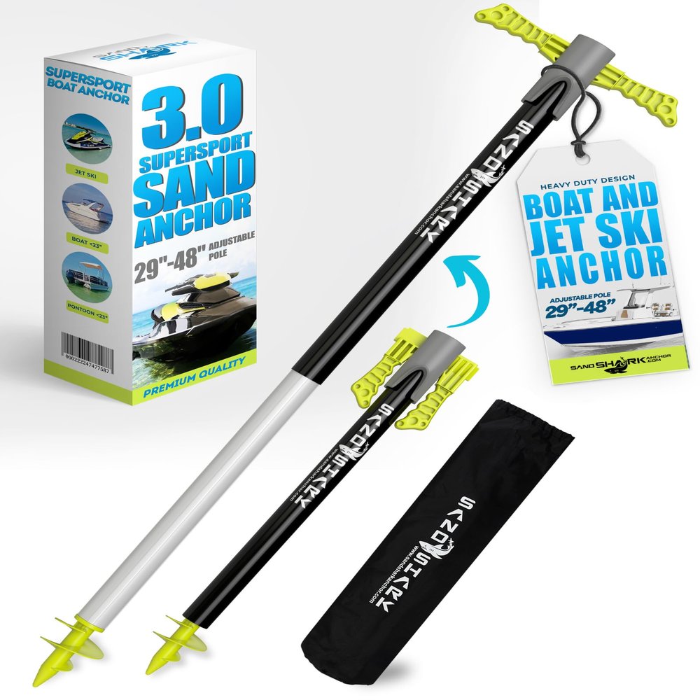 SandShark Patent Pending Supersport 3.0 Boat Anchor - Shallow Water Anchor Pole - Great Jet Ski Anchor, PWC Anchor, Pontoon Boat Accessories for Beach and Sandbar - Adjusts 29"-48" w/Case