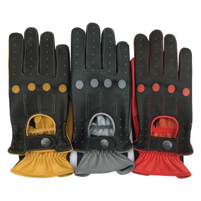 Prime Retro Real Leather Men's Classic Driving Gloves Unlined Chauffeur 515 (Black-Red, L)