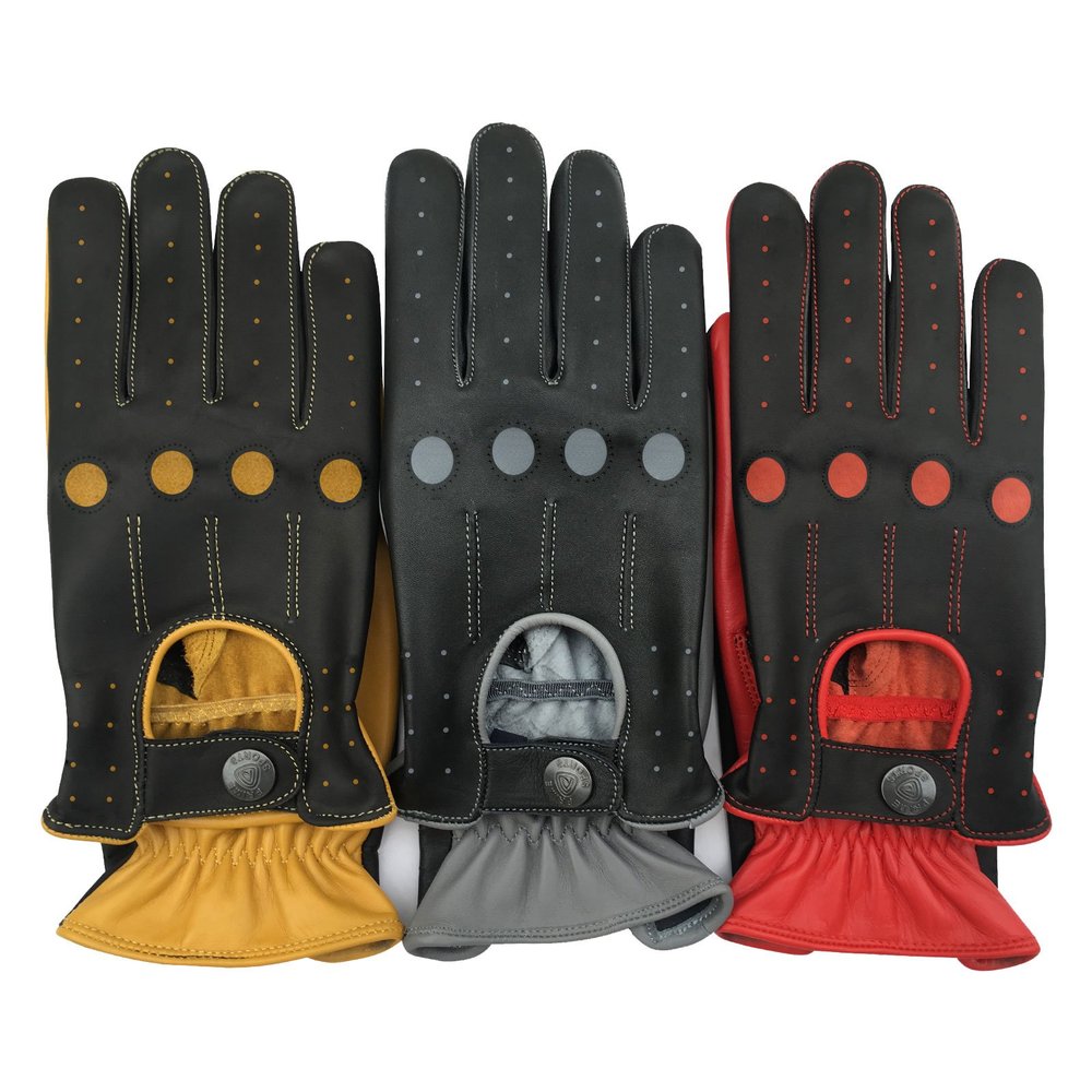Prime Retro Real Leather Men's Classic Driving Gloves Unlined Chauffeur 515 (Black-Red, L)