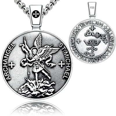 VENICEBEE Archangel St. Michael Saint Seal Medal Sigil Necklace Christian Sacramental Solid 925 Sterling Silver Pendant + Black Velvet Pouch, Polishing Cloth, Fine Gift Box