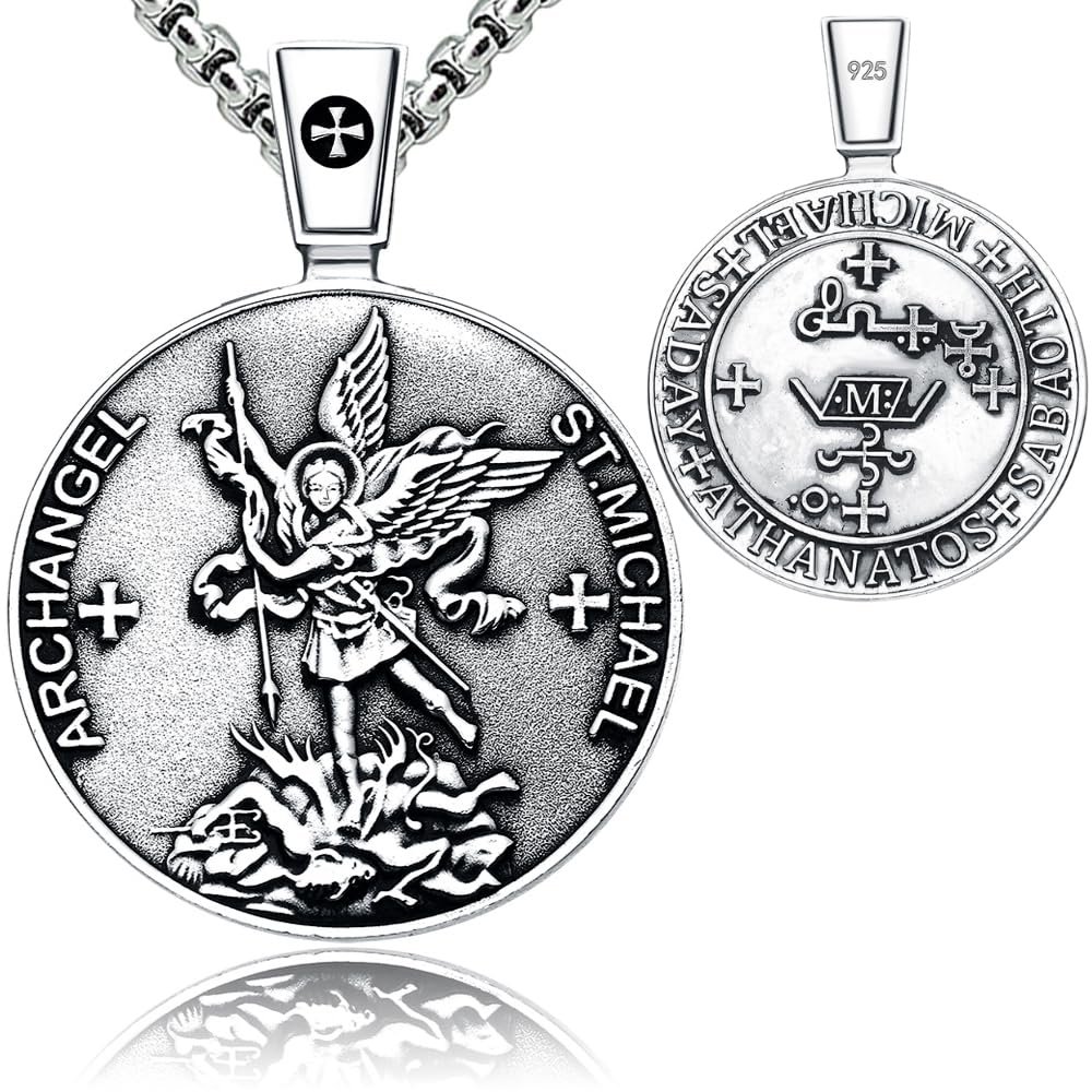 VENICEBEE Archangel St. Michael Saint Seal Medal Sigil Necklace Christian Sacramental Solid 925 Sterling Silver Pendant + Black Velvet Pouch, Polishing Cloth, Fine Gift Box