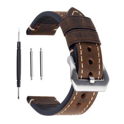 Berfine Dark Brown 22mm Genuine Leather Wristwatch Watch Band Oil Tan Vintage Strap for Men with Stainless Buckle