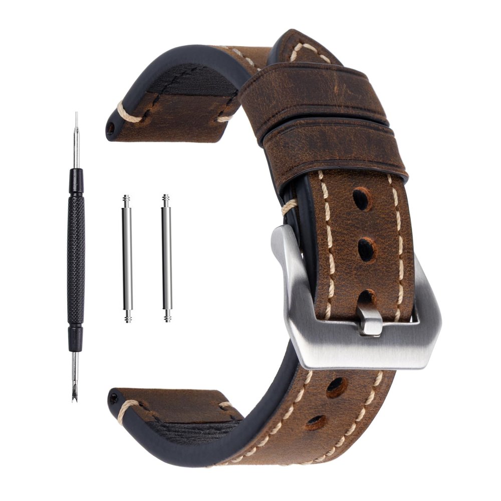 Berfine Dark Brown 22mm Genuine Leather Wristwatch Watch Band Oil Tan Vintage Strap for Men with Stainless Buckle