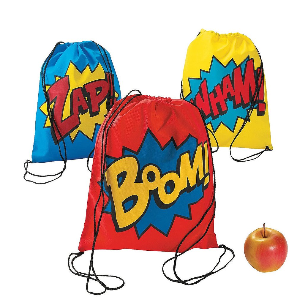 Oriental Trading Superhero Drawstring Backpack Bags, Set of 12 - Comic Theme Birthday Party Favors, Giveaways and Handouts