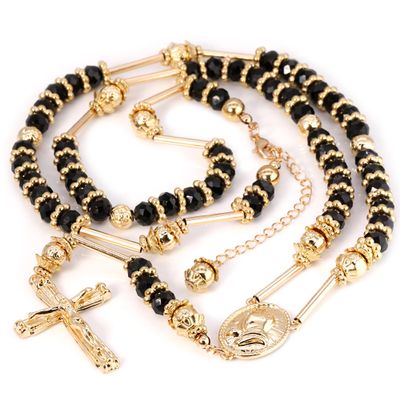 L & L Nation Gold & Black Tone 39" Glass Beaded Chain Jesus Rosary Cross Pendant w/Prayer Hands Charm Necklace