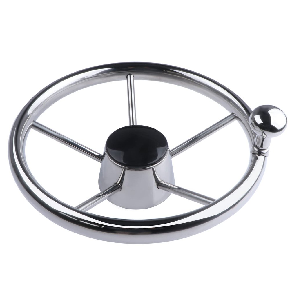 11 inch Boat Steering Wheel, Marine Stainless Steel Steering Wheel Adapter fit 3/4 inch Tapered Shaft, 5 Spoke 25 Degree Destroyer Style with Knob & Center Cap for Boats, Yachts, Pontoon Boats