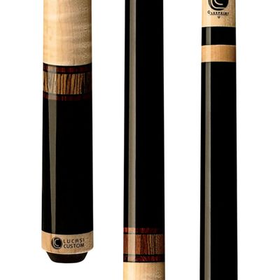 LUCASI Custom Mystic Black and Curly Maple Pool Cue with Cocobola and Snakewood Banded Rings, 20-Ounce