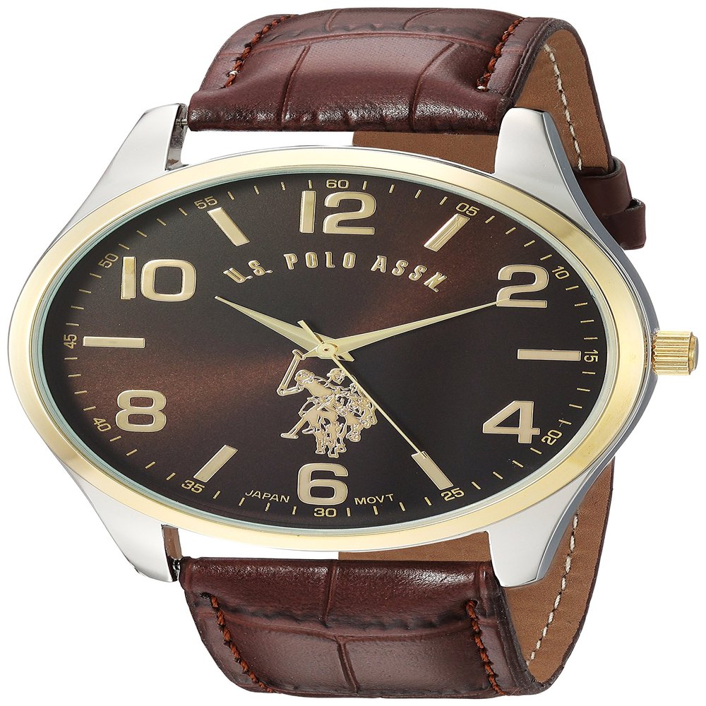 U.S. Polo Assn. Men's Brown Dial Watch with Gold-Tone Bezel and Croc-Embossed Strap  Analog Quartz Timepiece in Gift Box Fits Wrists 5.5"-8" with 44mm Silver-Tone Case