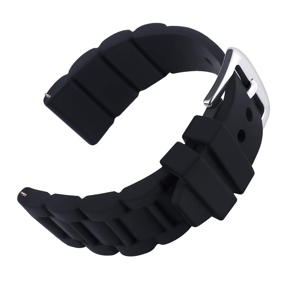 SANWA 24mm Black Silicone Rubber Watch Strap Band Stainless Steel Buckle for Fossil Watch