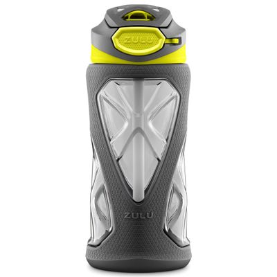 ZULU Torque 16oz Plastic Kids Water Bottle with Silicone Sleeve and Leak-Proof Locking Flip Lid, Soft Touch Carry Loop for School Backpack, Lunchbox, BPA-Free Dishwasher Safe, Grey/ Green