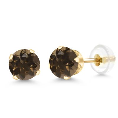 Gem Stone King 14K Gold Gemstone Birthstone Solitaire Stud Earrings | Round 6MM | Gold Earrings For Women Men | Smoky Quartz | Yellow Gold