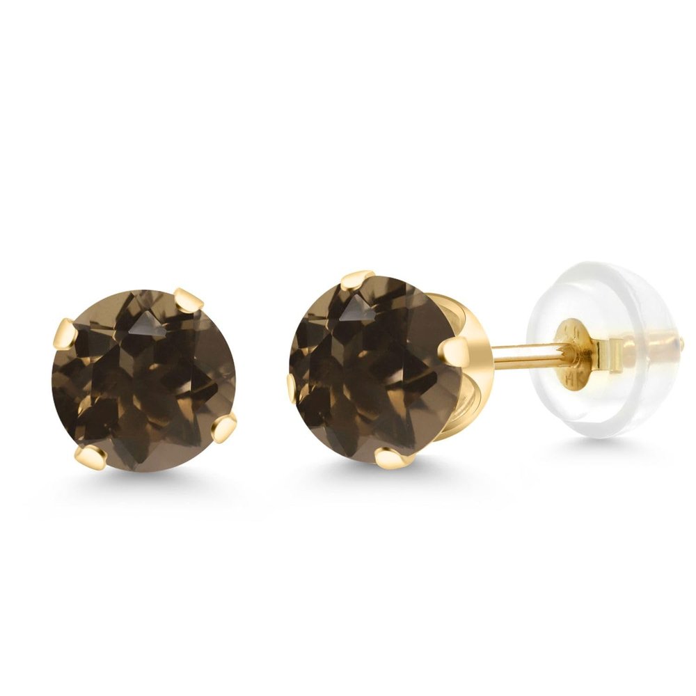 Gem Stone King 14K Gold Gemstone Birthstone Solitaire Stud Earrings | Round 6MM | Gold Earrings For Women Men | Smoky Quartz | Yellow Gold