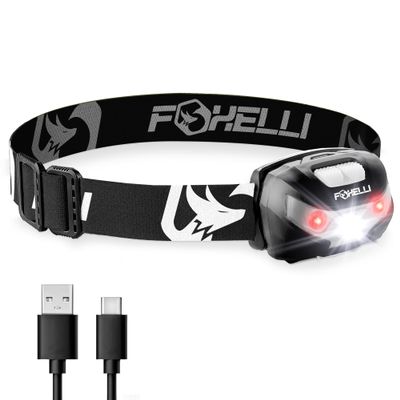 Foxelli USB-C Rechargeable LED Headlamp  Super Bright, Lightweight Head Lamp for Running, Camping, Hiking & Work  Comfortable Fit for Adults & Kids