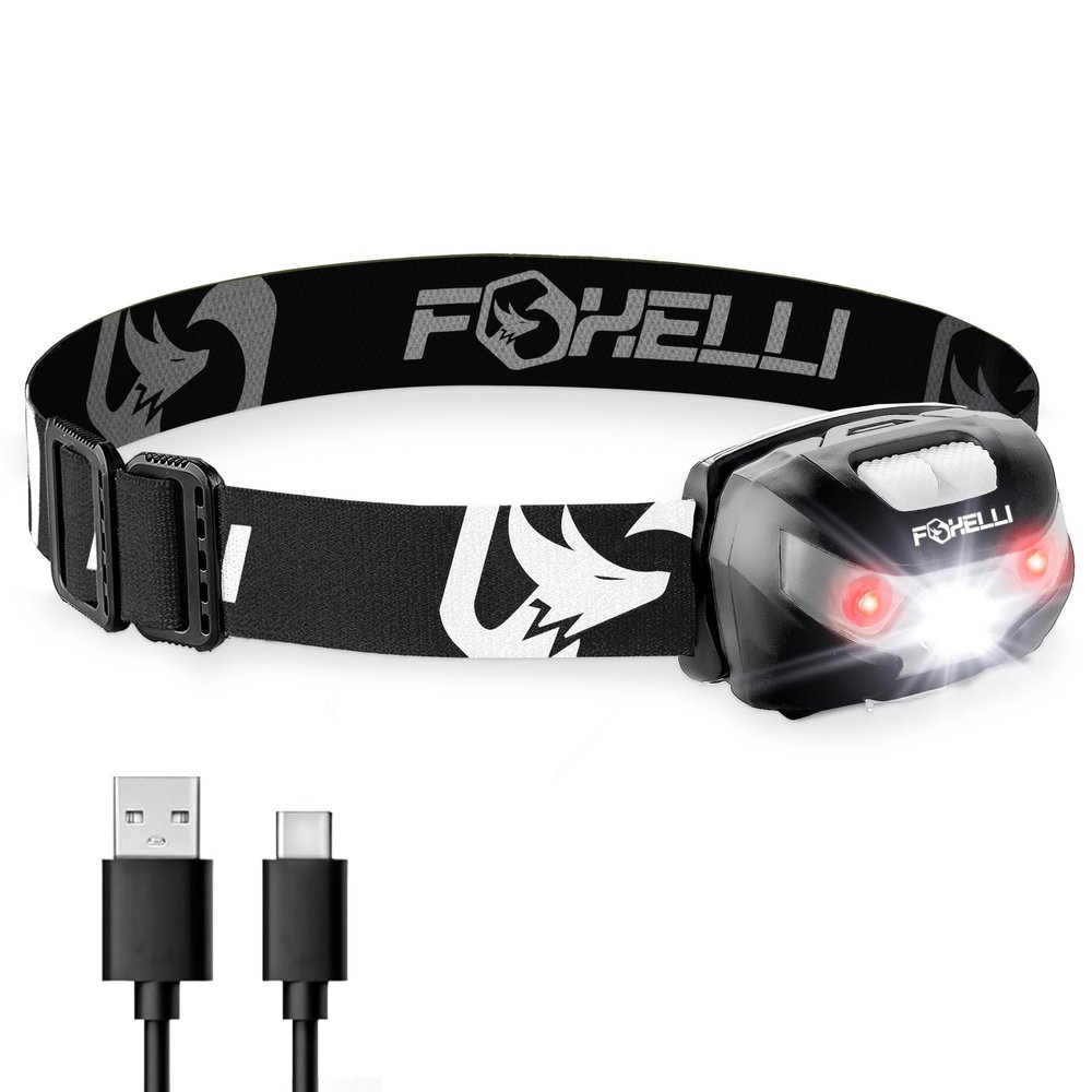 Foxelli USB-C Rechargeable LED Headlamp  Super Bright, Lightweight Head Lamp for Running, Camping, Hiking & Work  Comfortable Fit for Adults & Kids