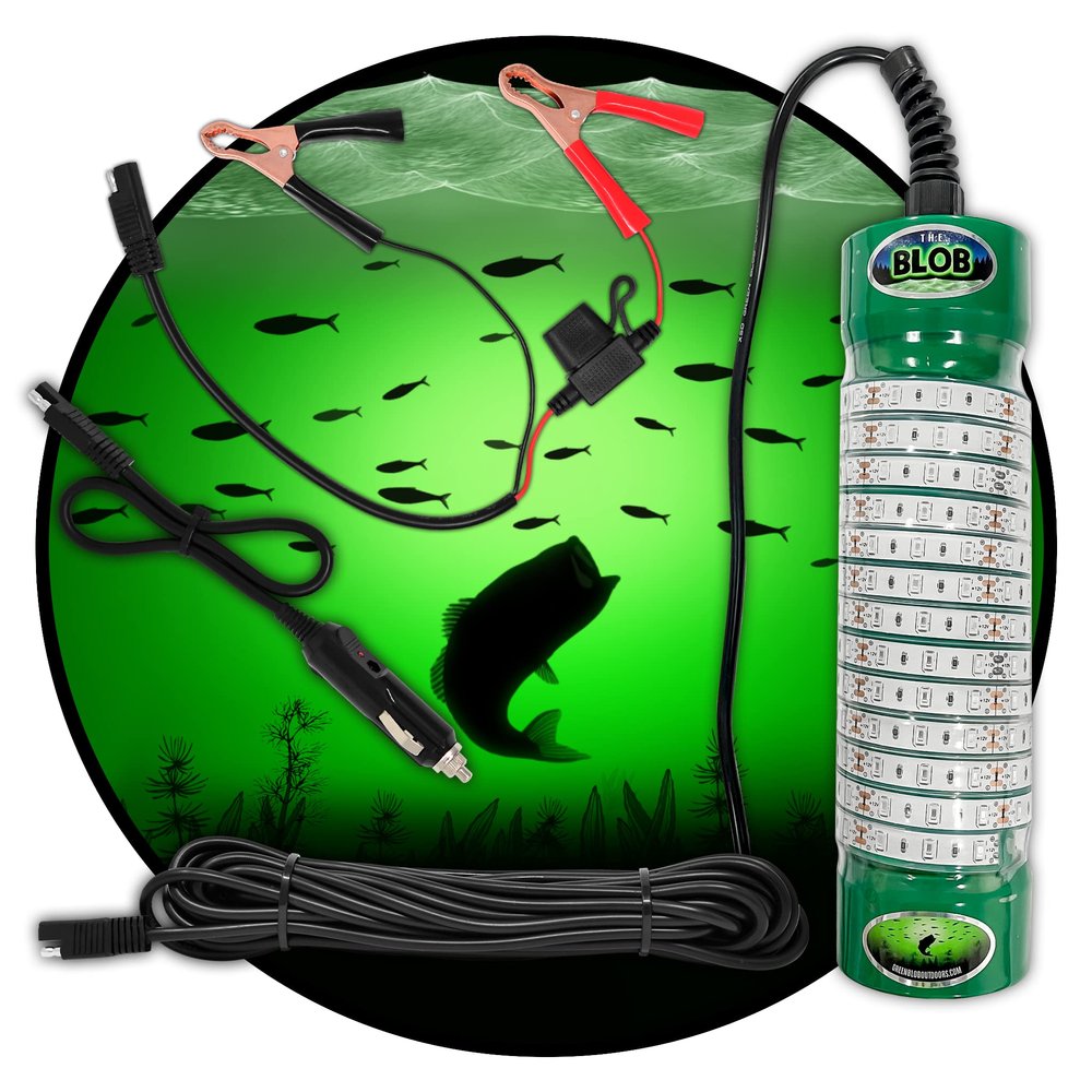 Green Blob Outdoors Green Underwater Fishing Attracting Light 7500 Lumens 12V for Boats 30ft Cord Alligator Clips & Cig Lighter QD Adapters LED Fish Attractor Snook Crappie Bass Catfish Made in Texas