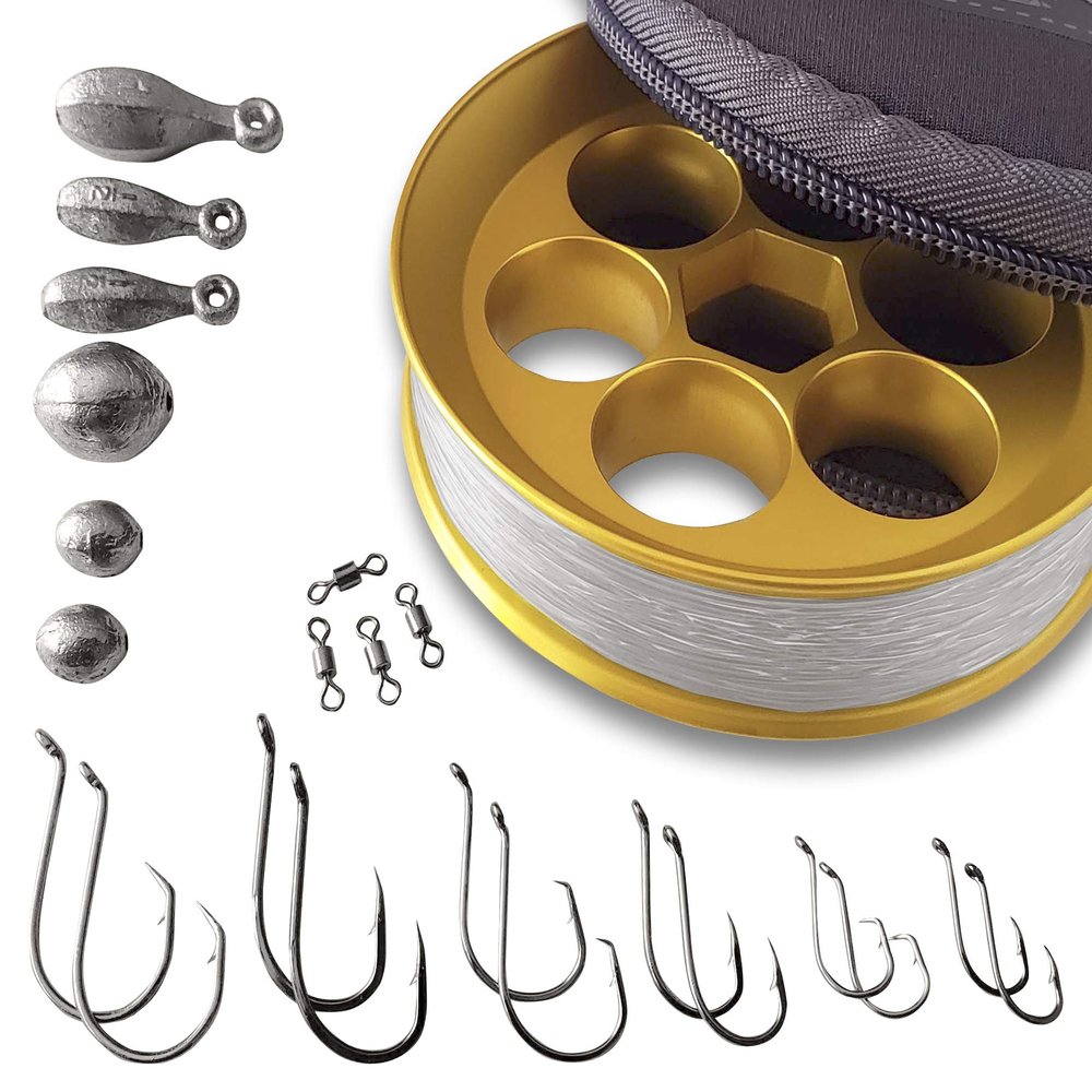 Yoyito Aluminum Hand Line Reel Pocket / Travel Fishing Kit (Gold Reel / 30 lb Clear line)