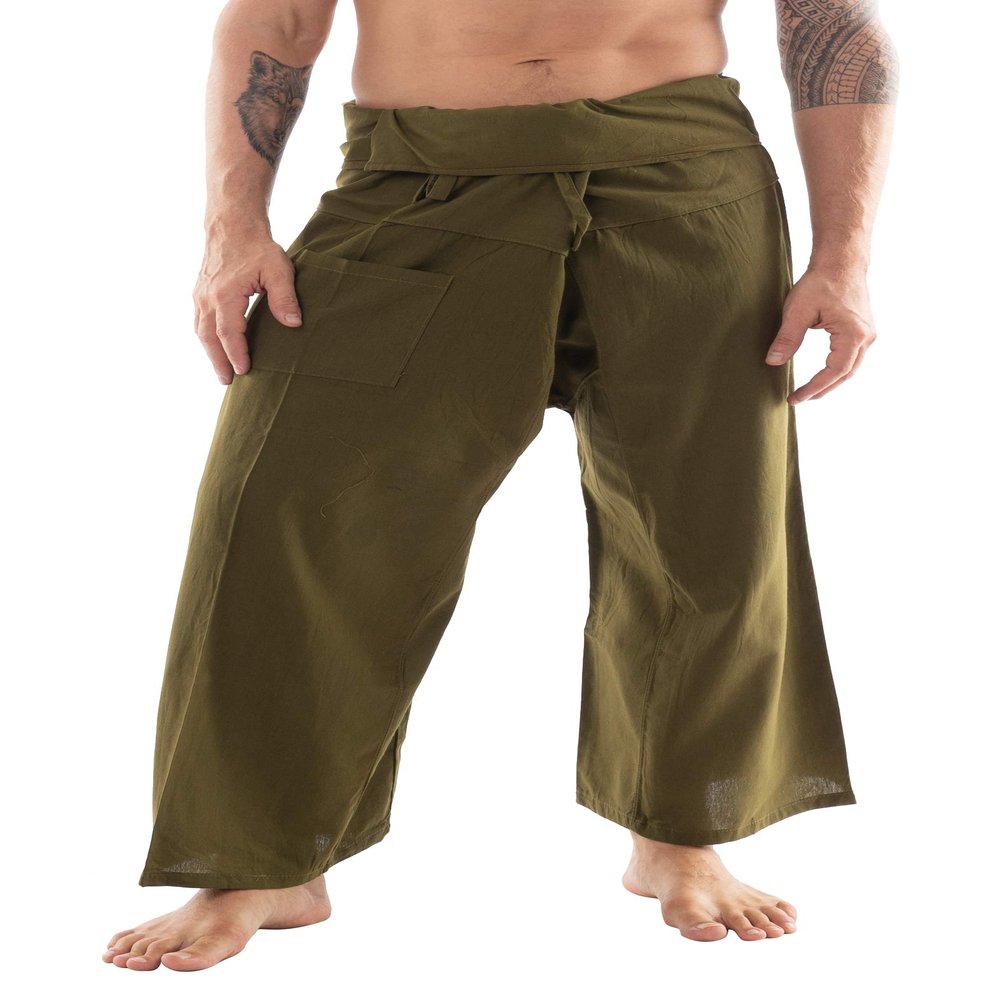 CandyHusky Thai Fisherman Pants - Lightweight Cotton Men Lounge Pants for Men, Yoga, Hippie, Pirate Pants Style Olive Green