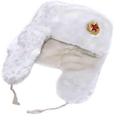 Authentic Russian Winter Hat Ushanka White-56, with Russian Eagle Insignia