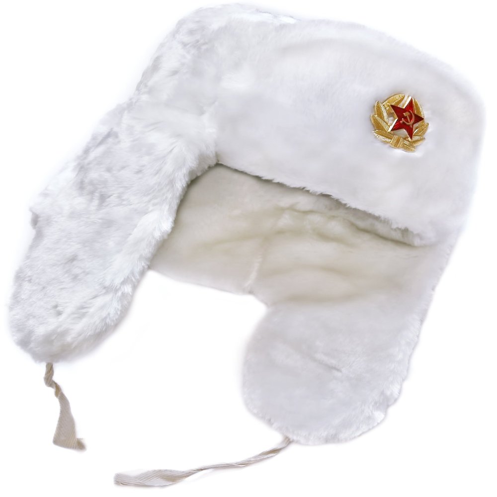 Authentic Russian Winter Hat Ushanka White-56, with Russian Eagle Insignia
