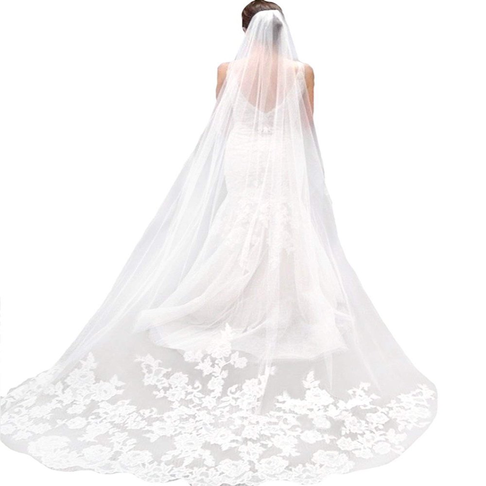 MisShow,White Lace Edge Cathedral Length Wedding Bridal Veil with Comb