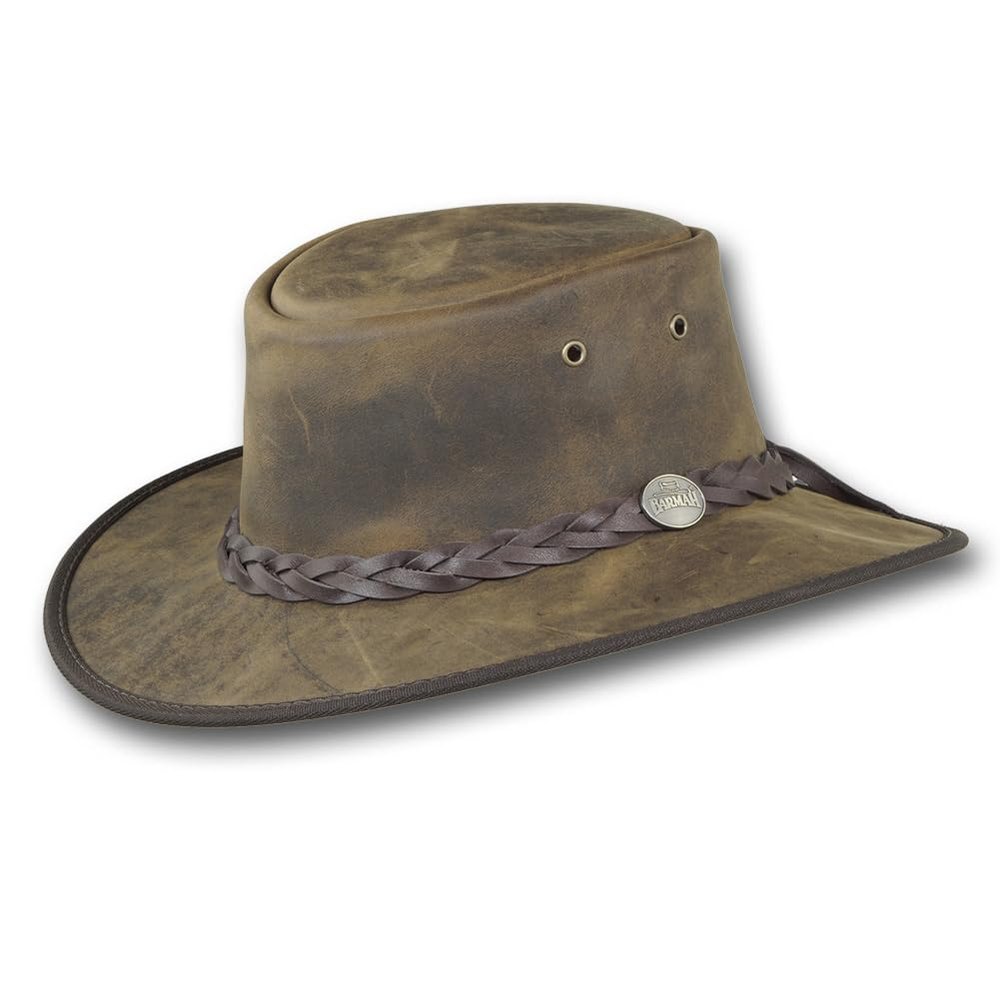 Barmah Hats Foldaway Bronco Leather Hat 1060BL / 1060BR / 1060RU (Medium, Rustic)