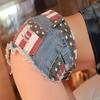 chouyatou Women's Low-Rise American Flag Print Daisy Duke Ripped Denim Shorts (Small, Blue) view 4