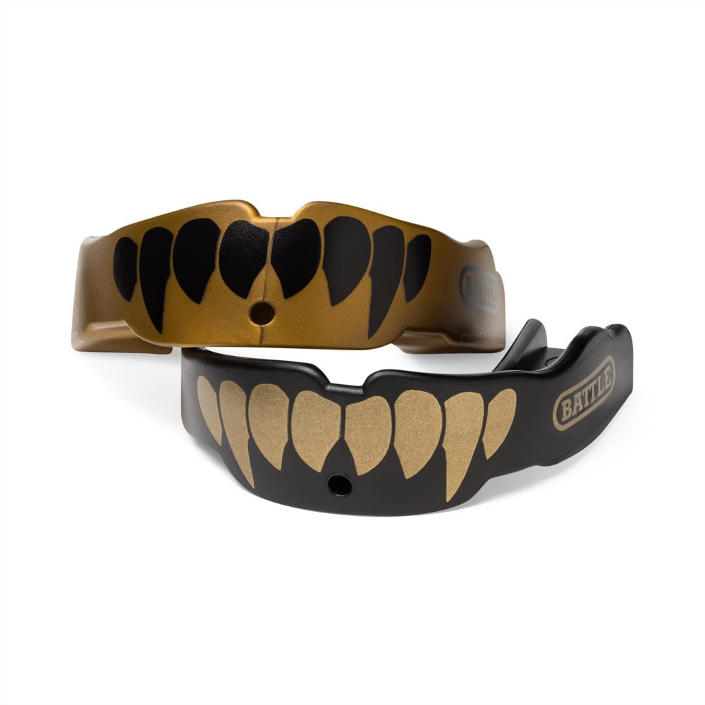 Battle Fangs Football Mouthguard  Sports Mouth Guard with Removable Strap  Protector Mouthpiece Fits with or Without Braces on Teeth  Adult & Youth Mouth Guard Sizes, 2 Pack
