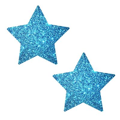 Neva Nude Bowee Blue Glitter Star Nipztix Pasties Nipple Covers for Festivals, Raves, Parties, Lingerie and More, Medical Grade Adhesive, Waterproof and Sweatproof, Made in USA