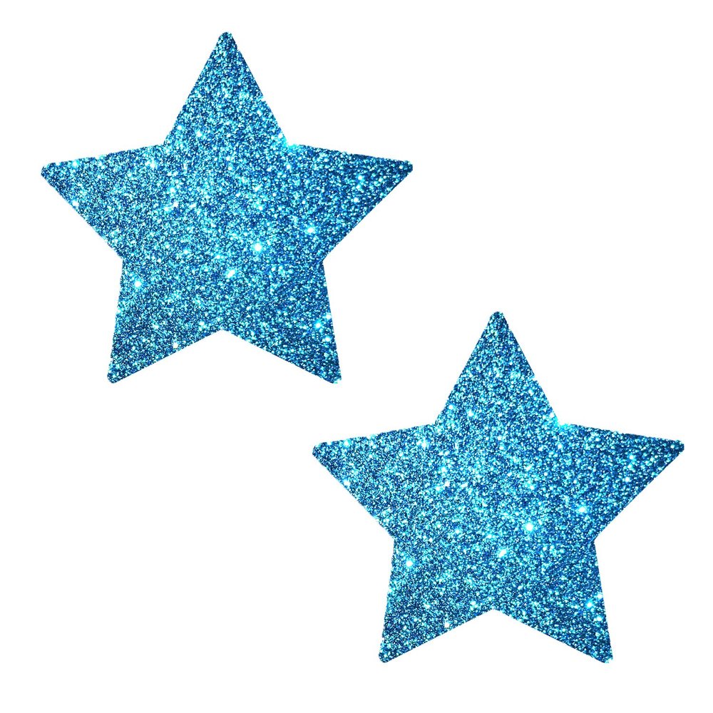 Neva Nude Bowee Blue Glitter Star Nipztix Pasties Nipple Covers for Festivals, Raves, Parties, Lingerie and More, Medical Grade Adhesive, Waterproof and Sweatproof, Made in USA