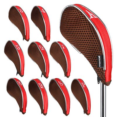 Andux Mesh Golf Iron Club Head Covers with Zipper Left and Right Handed 10pcs/Set (Coffee/red)