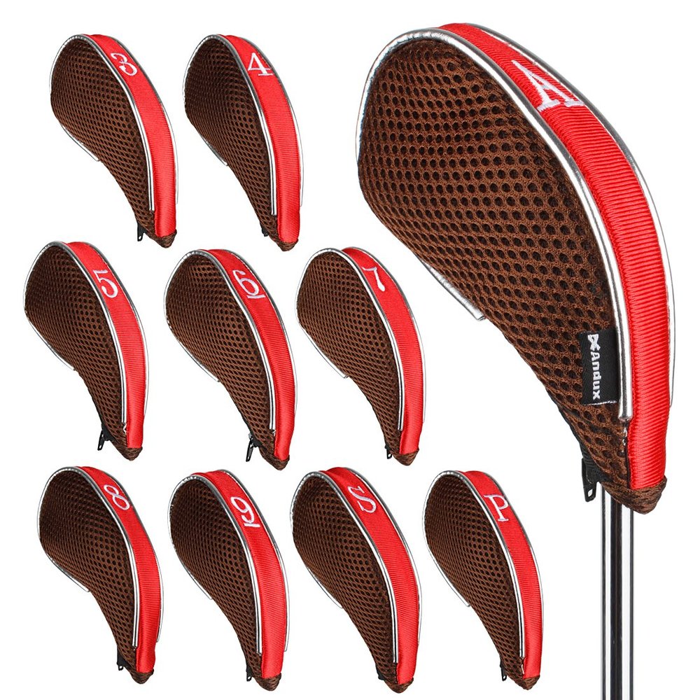 Andux Mesh Golf Iron Club Head Covers with Zipper Left and Right Handed 10pcs/Set (Coffee/red)