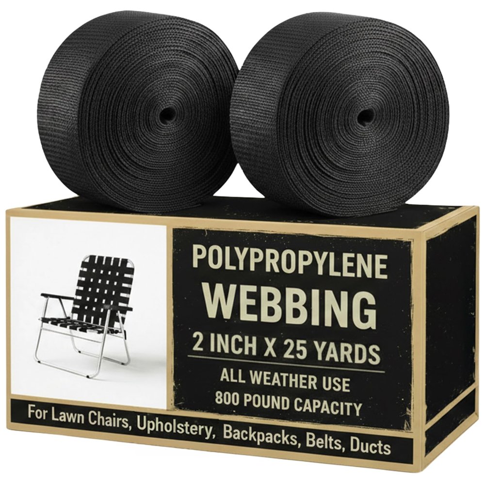 Houseables Lawn Chair Webbing, Webbing 2 Inch, Nylon Straps 2 Inch Wide, Strapping for Upholstery, Seat Belt, Seatbelt, Bags, Climbing, Firefighter, Tubular, Polypropylene, Black, 25 Yards