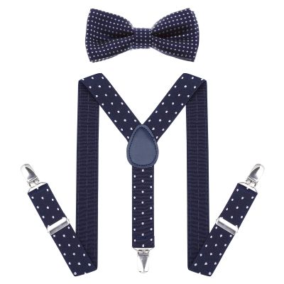AWAYTR Child Kids Suspenders Bowtie Set - Adjustable Suspender Set for Boys and Girls(25Inches (3 Years to 6 Years),Navy blue Polka dot)