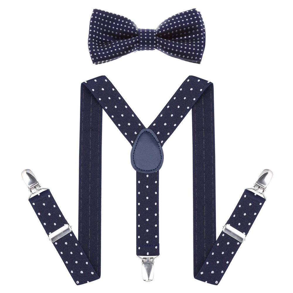 AWAYTR Child Kids Suspenders Bowtie Set - Adjustable Suspender Set for Boys and Girls(25Inches (3 Years to 6 Years),Navy blue Polka dot)