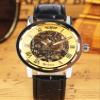 Vavna Classic Men's Leather Dial Skeleton Mechanical Sport Army Wrist Watch (Gold) (Black) view 2