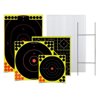 BIRCHWOOD CASEY Sharpshooter Stand & Target Kit for Shooting - Metal Wire Frame, 12" x 18" Backer Board & 4 Shoot-N-C Reactive Targets with 54 Pasters - Great for Backyard Plinking
