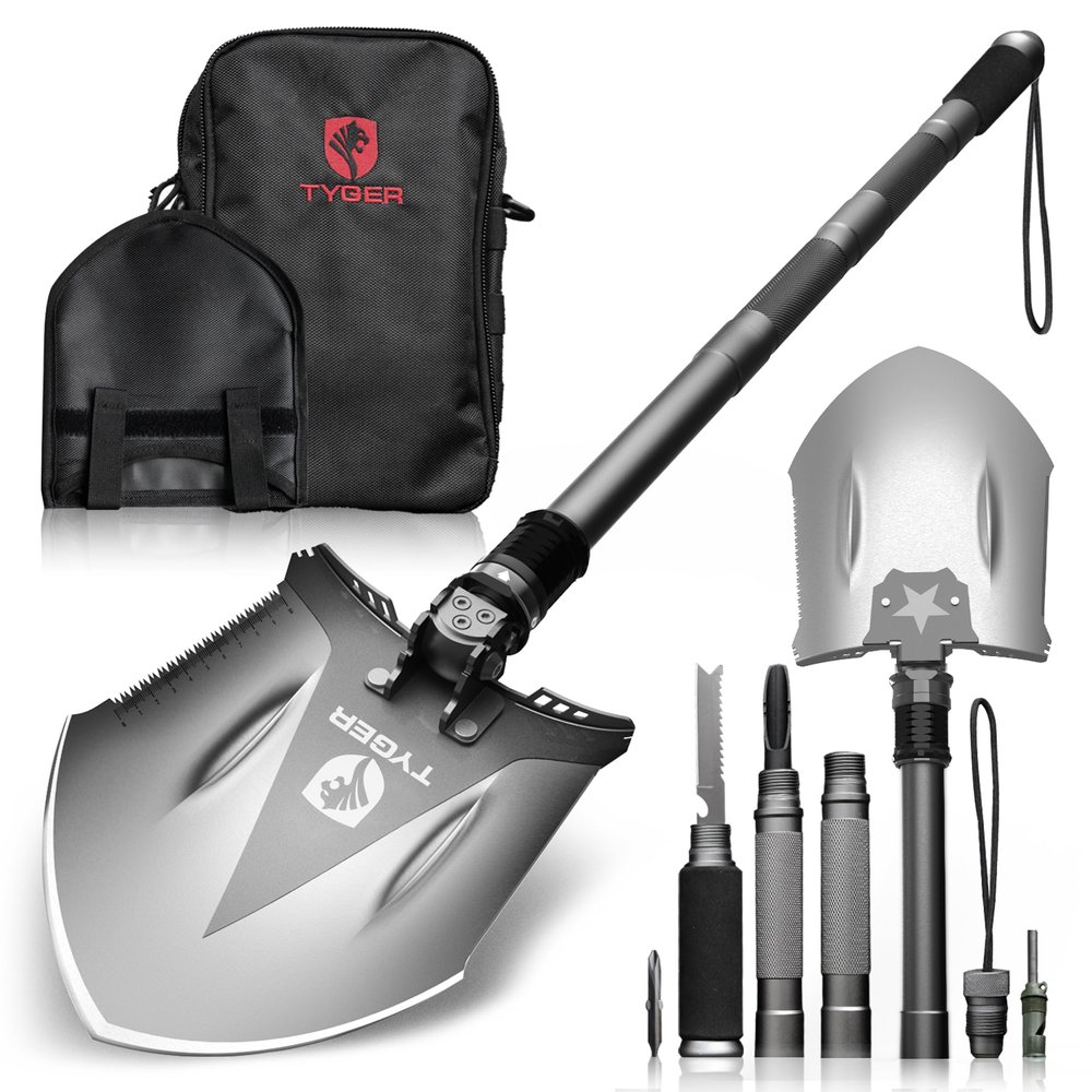 Tyger Auto Folding Shovel TG-SV8U3217 Military Heavy Duty Survival Shovel 16-in-1 Multitool Compact Camp Shovel with Bag for Camping, Hiking, Off-Roading, Outdoor, Tactical, Emergency