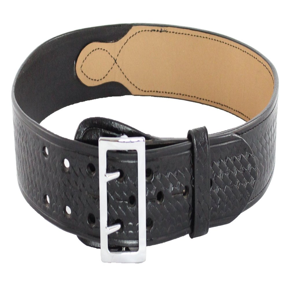 First Class Leather Sam Browne Duty Belt Police, Sheriff, and Security Half Leather-Lined, 2-1/4" Width Plain and Basketweave Duty Belt (40, Nickel Sam Browne Basketweave)