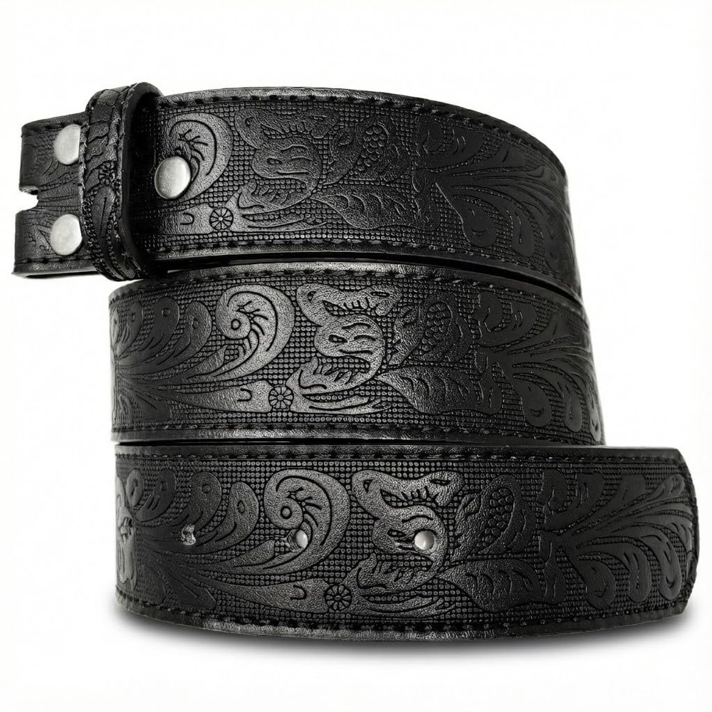 BC Belts Western Leather Belt Strap - 1.5 Wide Embossed Scrollwork for Men & Women Cowboy/Cowgirl (Black-M)