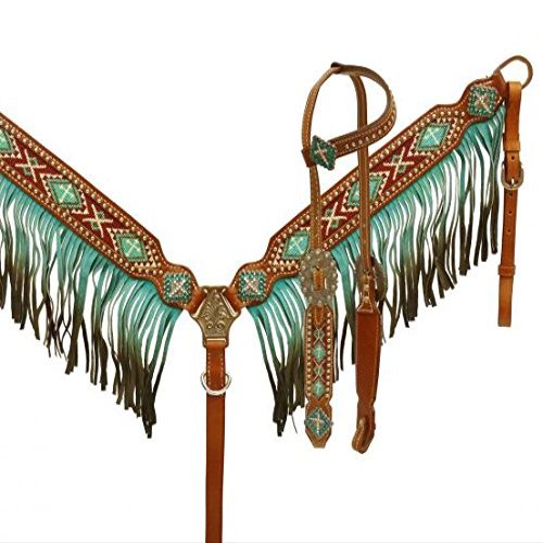 Showman Ombre Fringe Headstall and Breast Collar Set with Beaded Cross Inlay (Teal)