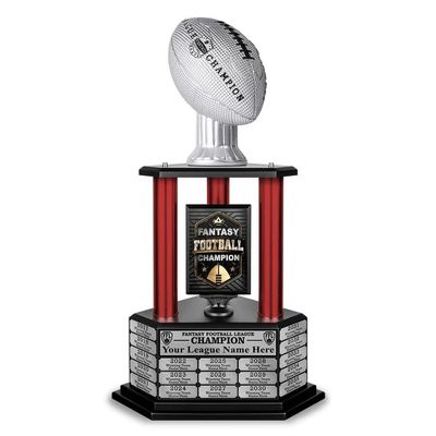 TrophySmack Fantasy Football Trophy - 19-Year Perpetual 26 Customizable Championship Award with Free Engravings (Silver Football | Red Metal Columns)