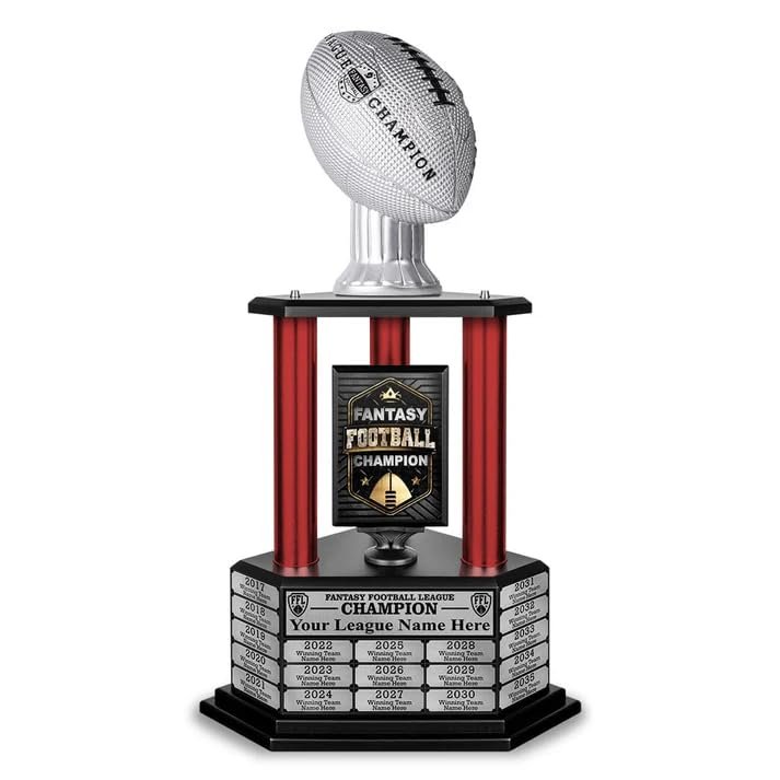 TrophySmack Fantasy Football Trophy - 19-Year Perpetual 26 Customizable Championship Award with Free Engravings (Silver Football | Red Metal Columns)
