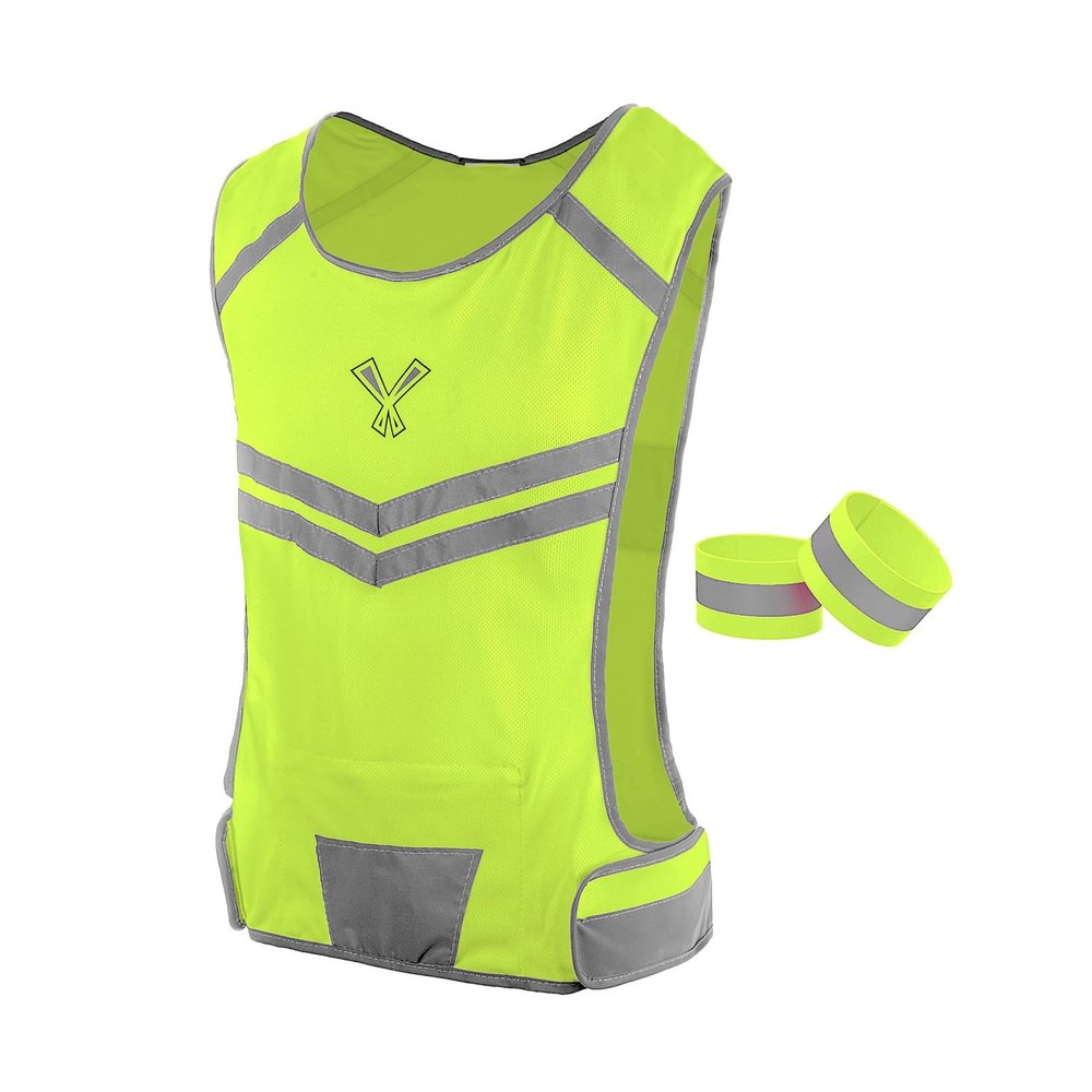 247 Viz Running Reflective Vest with Inside Pocket and 2 Bands, High Visibility Reflective Running Gear Safety Vest Straps for Men Women Kids for Night Running Walking Cycling Yellow