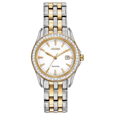 Citizen Women's Eco-Drive Dress Classic Crystal Watch in Two-Tone Stainless Steel, Silver Dial, 28mm (Model: EW1908-59A)